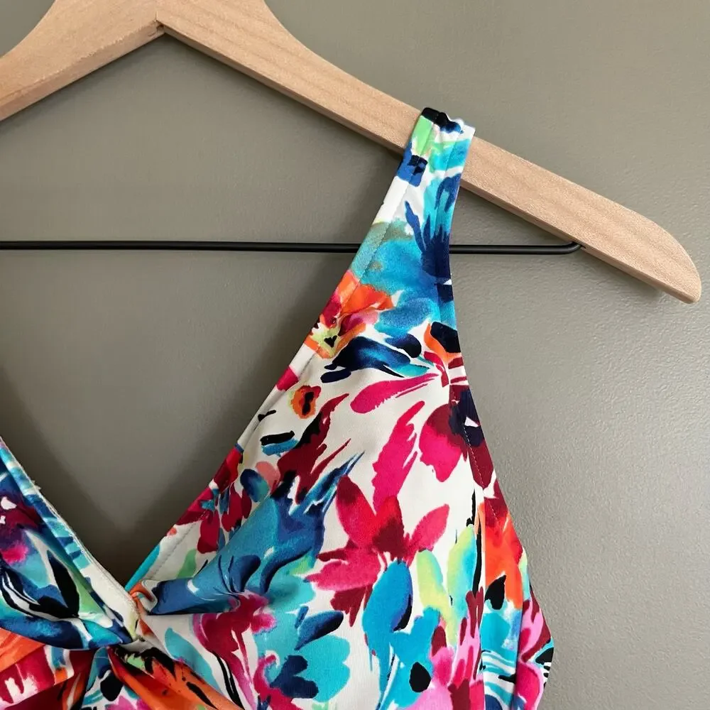 Swim Solutions Twist Bodice Allover‎ Slimming One-Piece Swimsuit Size 12 Floral - Picture 6 of 16